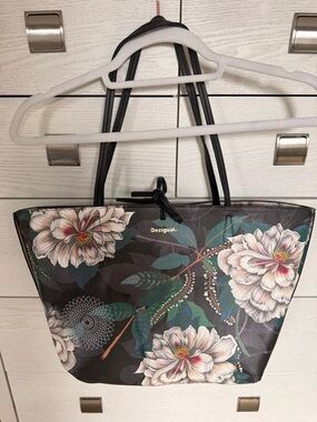 Desigual Black REVERSIBLE Floral Tote with Green Leaves